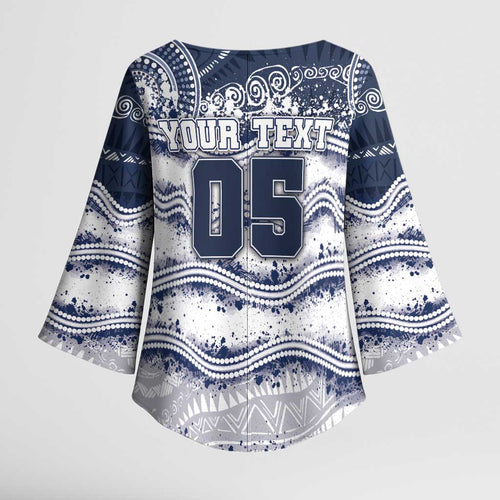 Custom Geelong Navy Kimono Sleeve Blouse Playful Cat Kicking Ball