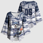 Custom Geelong Navy Kimono Sleeve Blouse Playful Cat Kicking Ball