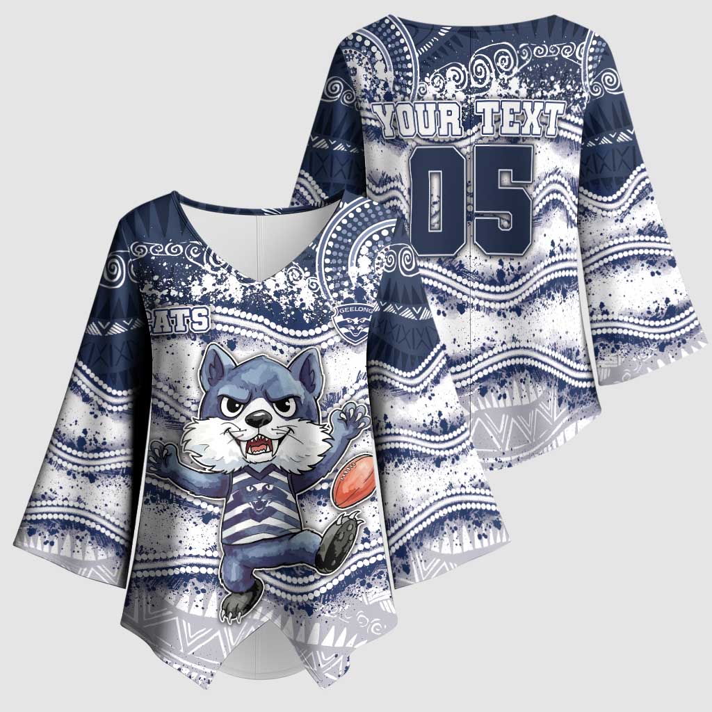Custom Geelong Navy Kimono Sleeve Blouse Playful Cat Kicking Ball