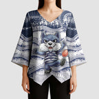 Custom Geelong Navy Kimono Sleeve Blouse Playful Cat Kicking Ball