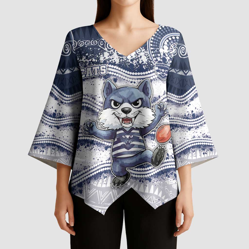 Custom Geelong Navy Kimono Sleeve Blouse Playful Cat Kicking Ball