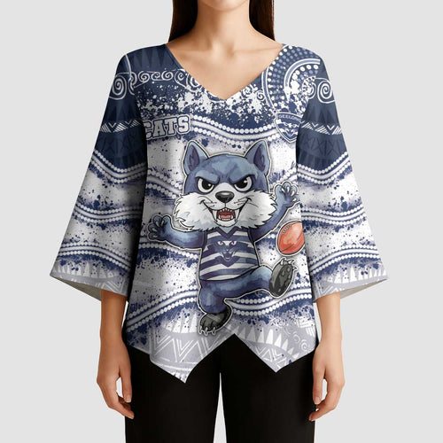 Custom Geelong Navy Kimono Sleeve Blouse Playful Cat Kicking Ball