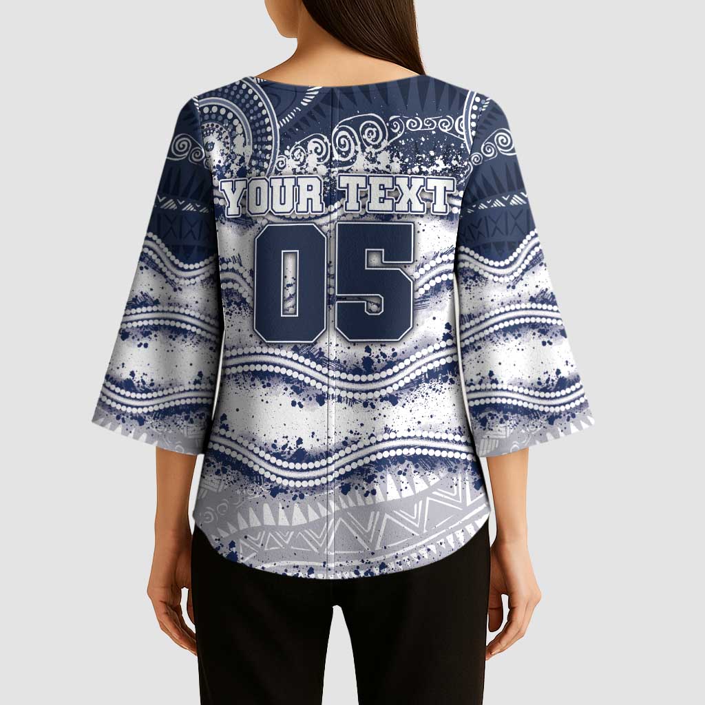 Custom Geelong Navy Kimono Sleeve Blouse Playful Cat Kicking Ball