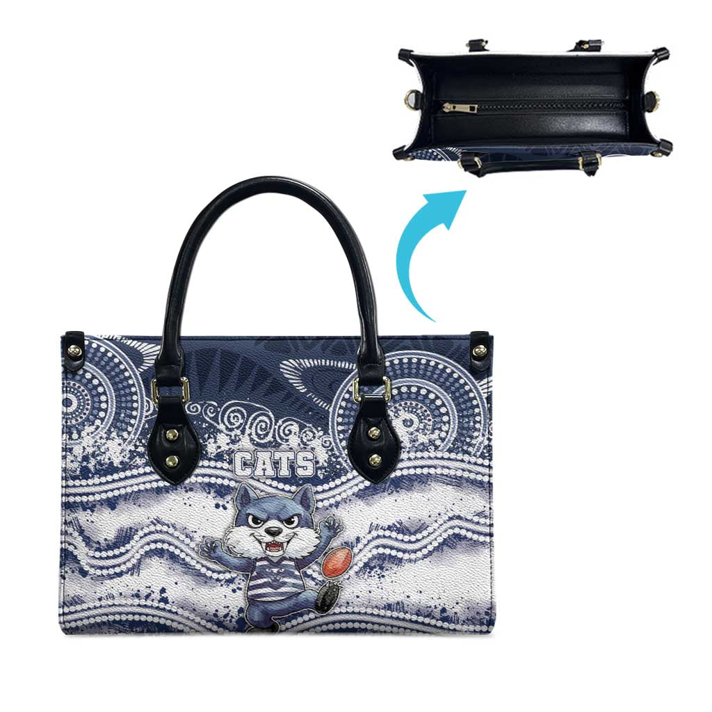 Geelong Navy Leather Bag Playful Cat Kicking Ball