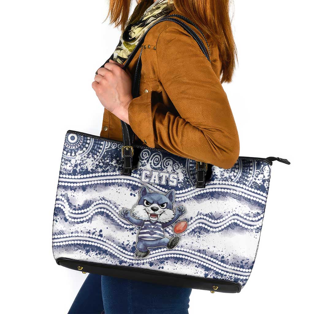 Geelong Navy Leather Tote Bag Playful Cat Kicking Ball