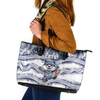 Geelong Navy Leather Tote Bag Playful Cat Kicking Ball