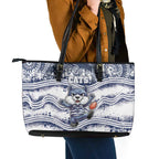 Geelong Navy Leather Tote Bag Playful Cat Kicking Ball