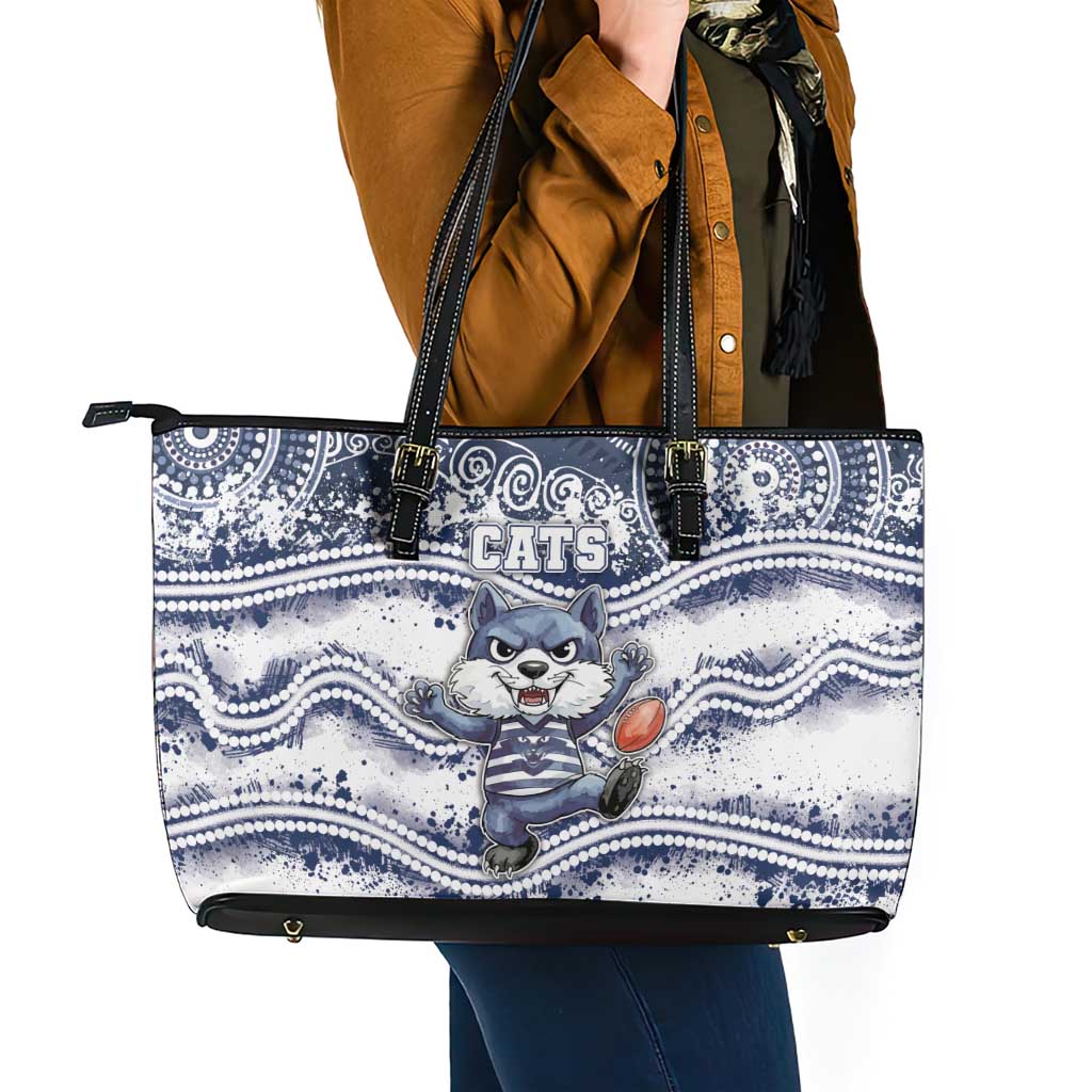 Geelong Navy Leather Tote Bag Playful Cat Kicking Ball