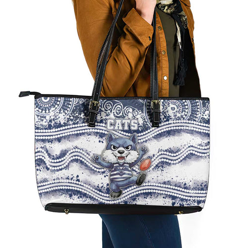 Geelong Navy Leather Tote Bag Playful Cat Kicking Ball
