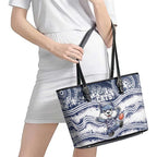 Geelong Navy Leather Tote Bag Playful Cat Kicking Ball