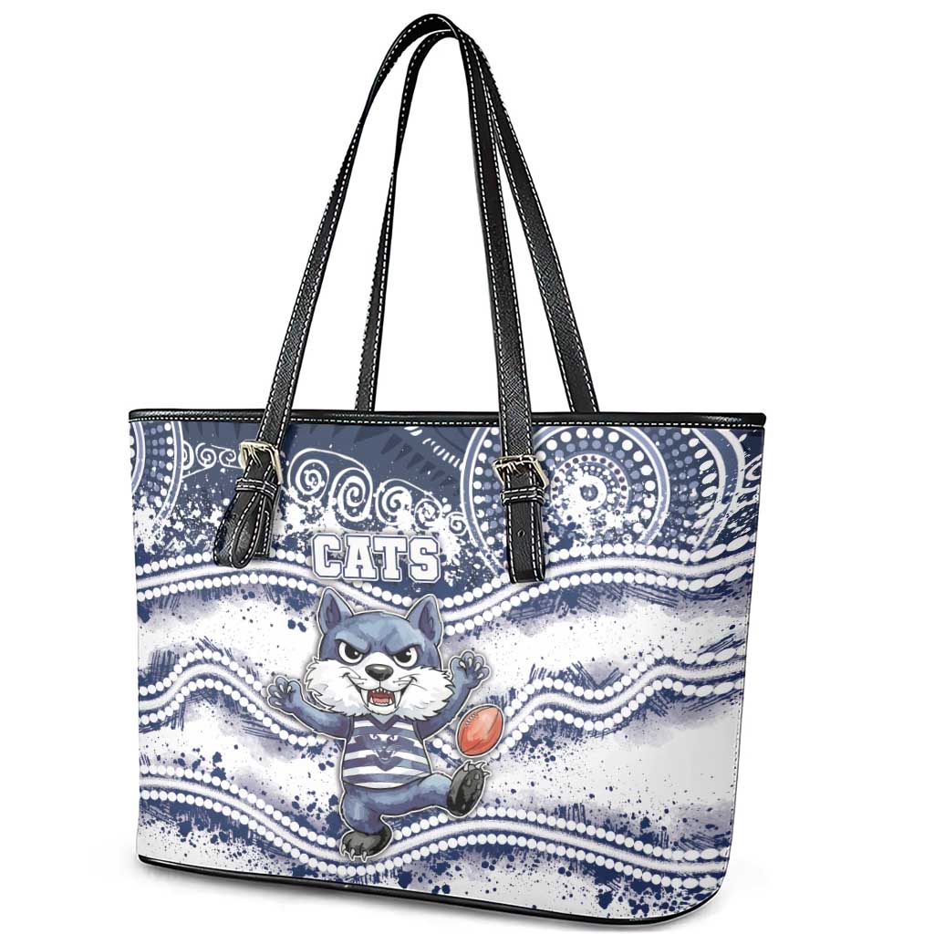 Geelong Navy Leather Tote Bag Playful Cat Kicking Ball
