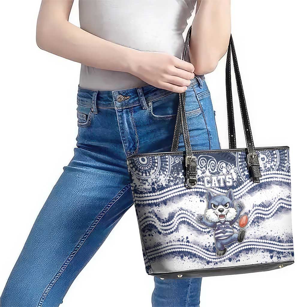 Geelong Navy Leather Tote Bag Playful Cat Kicking Ball