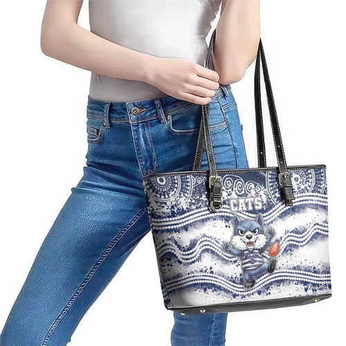 Geelong Navy Leather Tote Bag Playful Cat Kicking Ball