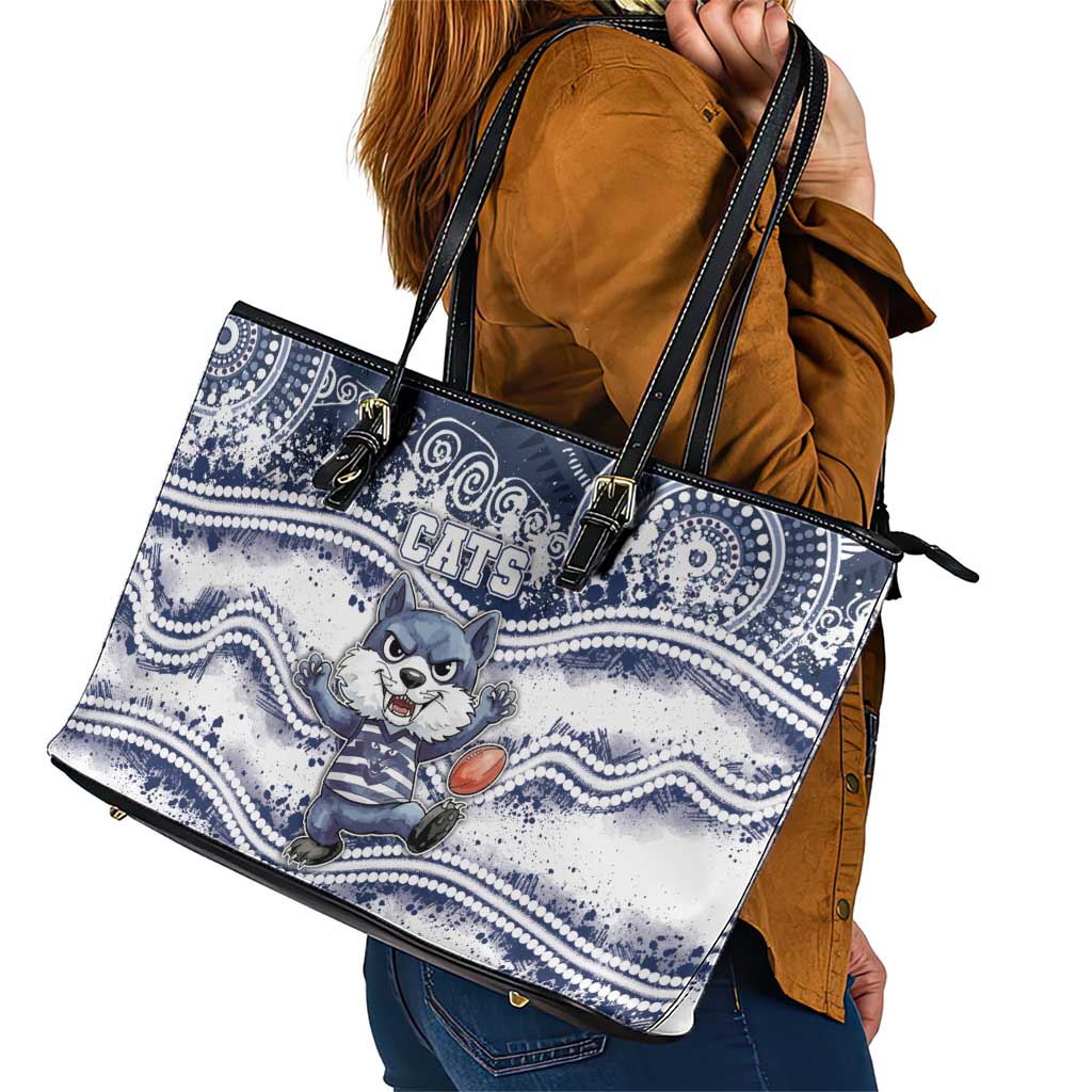 Geelong Navy Leather Tote Bag Playful Cat Kicking Ball