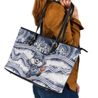Geelong Navy Leather Tote Bag Playful Cat Kicking Ball