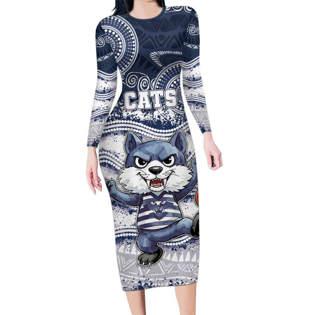 Custom Geelong Navy Long Sleeve Bodycon Dress Playful Cat Kicking Ball