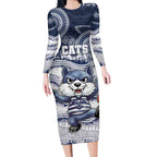 Custom Geelong Navy Long Sleeve Bodycon Dress Playful Cat Kicking Ball