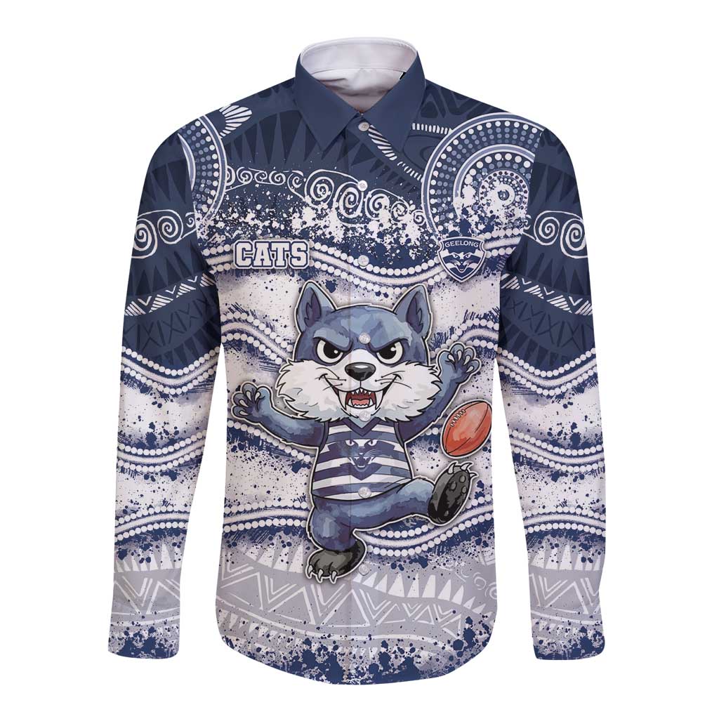 Custom Geelong Navy Long Sleeve Button Shirt Playful Cat Kicking Ball