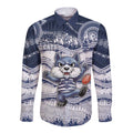 Custom Geelong Navy Long Sleeve Button Shirt Playful Cat Kicking Ball