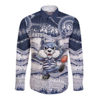 Custom Geelong Navy Long Sleeve Button Shirt Playful Cat Kicking Ball