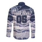 Custom Geelong Navy Long Sleeve Button Shirt Playful Cat Kicking Ball