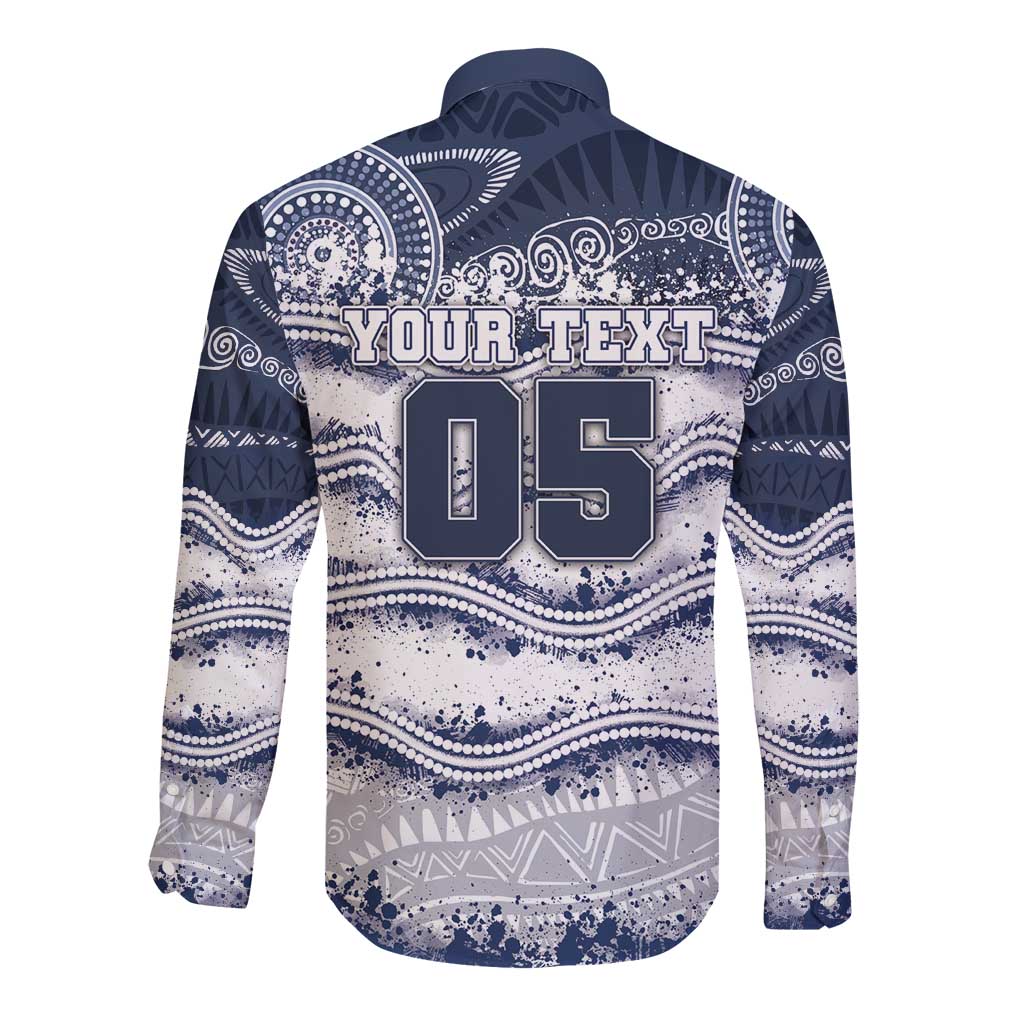 Custom Geelong Navy Long Sleeve Button Shirt Playful Cat Kicking Ball