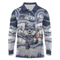 Custom Geelong Navy Long Sleeve Polo Shirt Playful Cat Kicking Ball