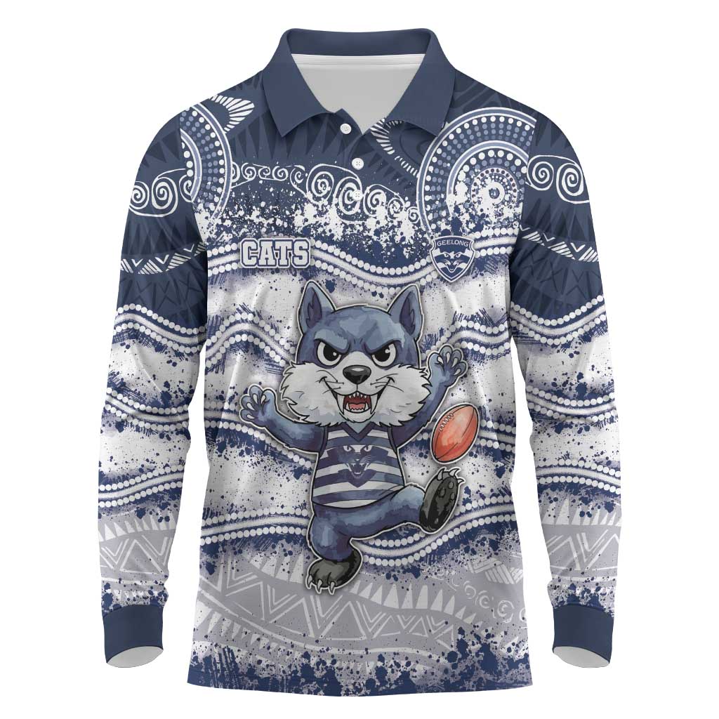 Custom Geelong Navy Long Sleeve Polo Shirt Playful Cat Kicking Ball