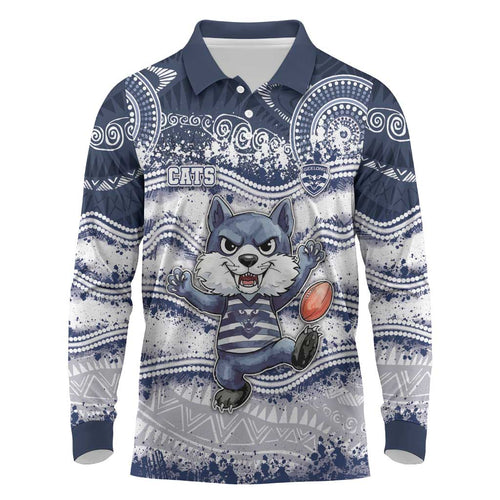 Custom Geelong Navy Long Sleeve Polo Shirt Playful Cat Kicking Ball