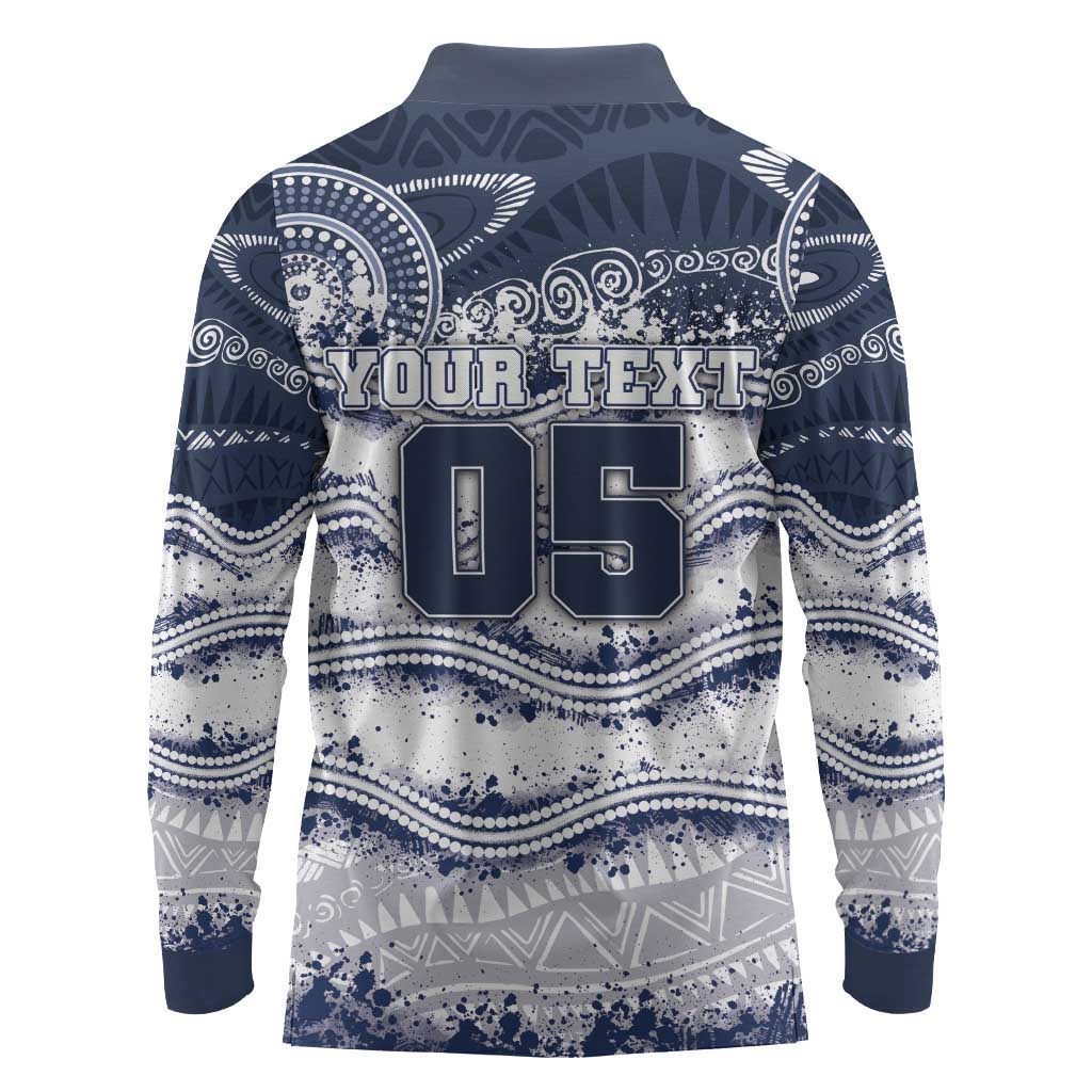 Custom Geelong Navy Long Sleeve Polo Shirt Playful Cat Kicking Ball