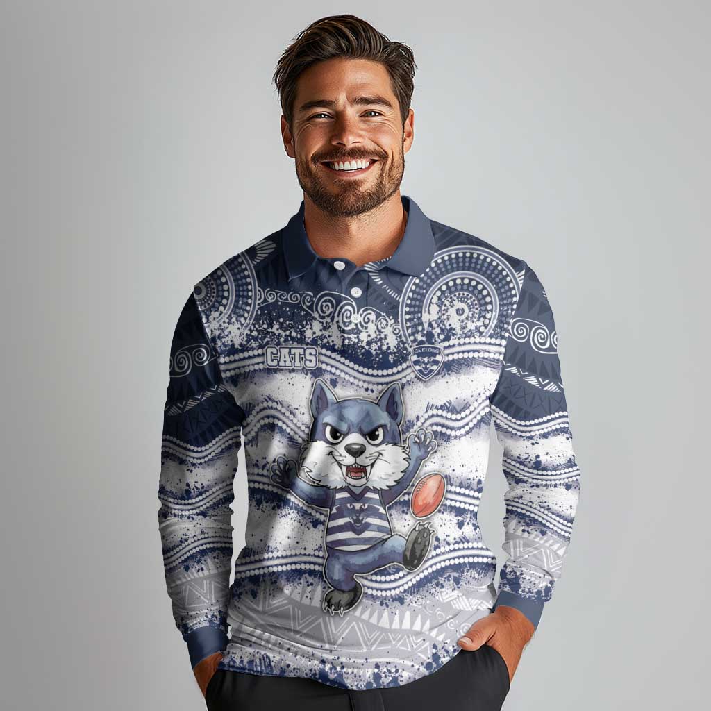 Custom Geelong Navy Long Sleeve Polo Shirt Playful Cat Kicking Ball