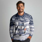 Custom Geelong Navy Long Sleeve Polo Shirt Playful Cat Kicking Ball