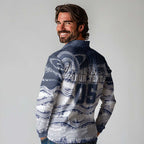 Custom Geelong Navy Long Sleeve Polo Shirt Playful Cat Kicking Ball