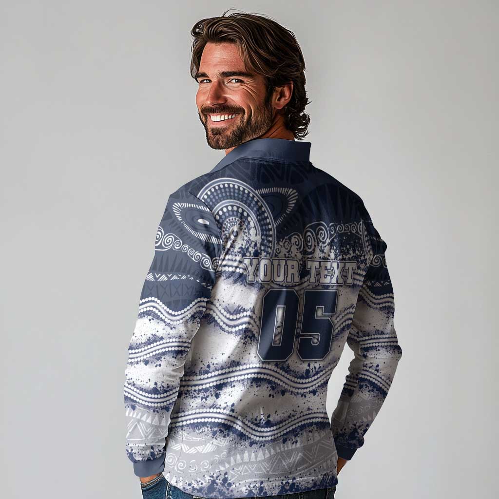 Custom Geelong Navy Long Sleeve Polo Shirt Playful Cat Kicking Ball