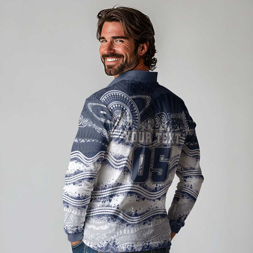 Custom Geelong Navy Long Sleeve Polo Shirt Playful Cat Kicking Ball