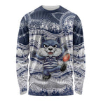 Custom Geelong Navy Long Sleeve Shirt Playful Cat Kicking Ball