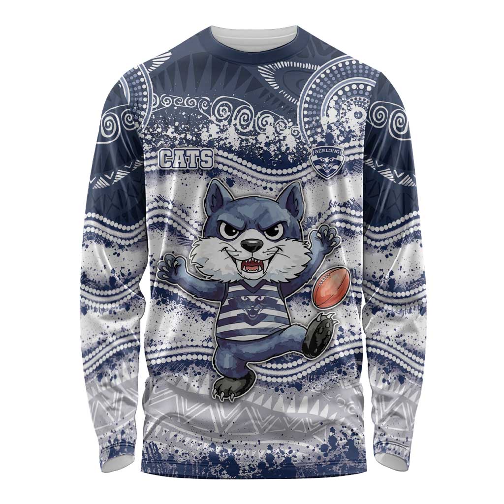 Custom Geelong Navy Long Sleeve Shirt Playful Cat Kicking Ball