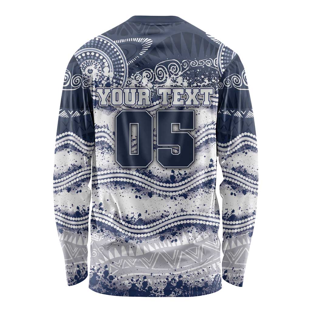 Custom Geelong Navy Long Sleeve Shirt Playful Cat Kicking Ball