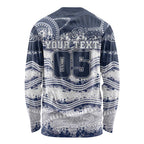 Custom Geelong Navy Long Sleeve Shirt Playful Cat Kicking Ball