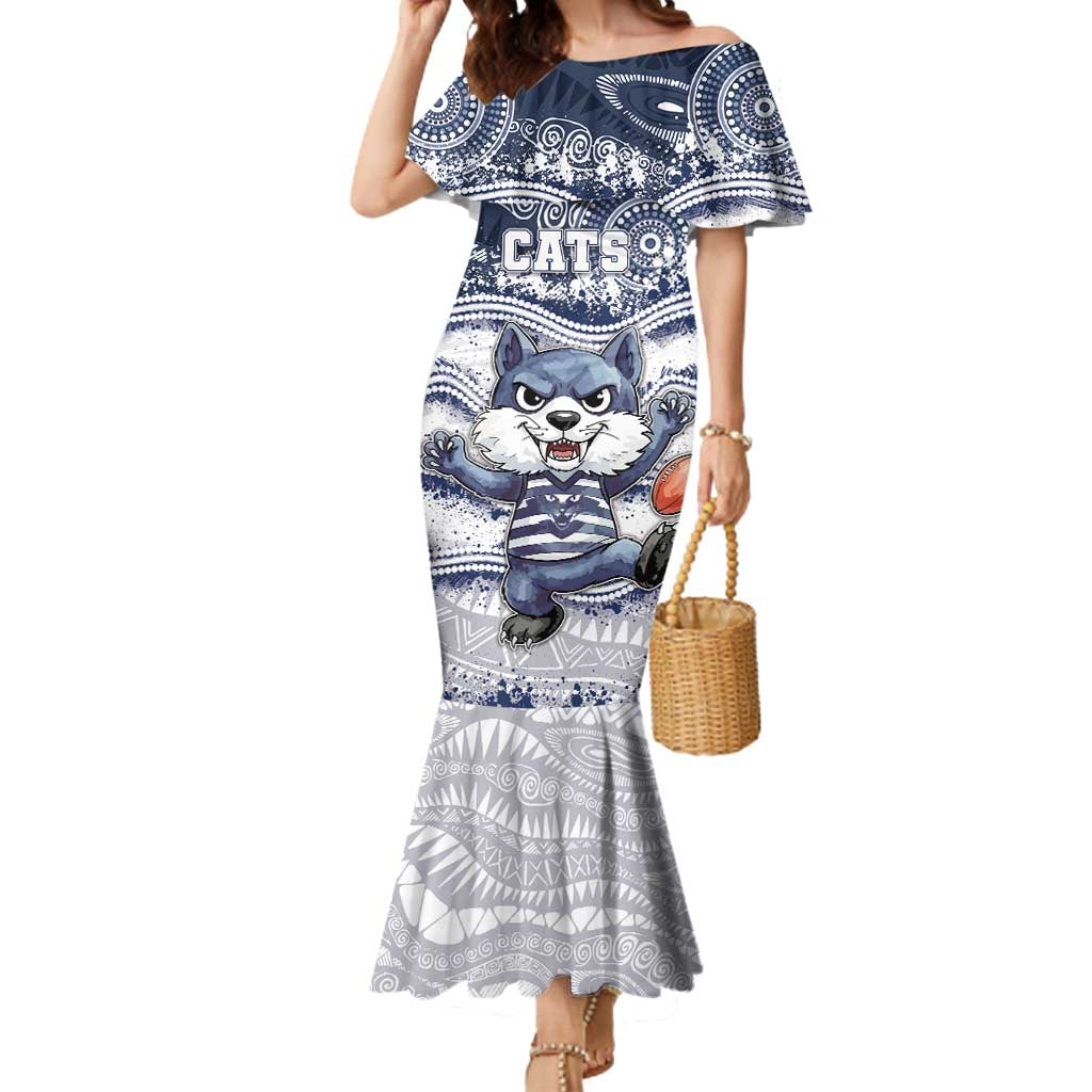 Custom Geelong Navy Mermaid Dress Playful Cat Kicking Ball