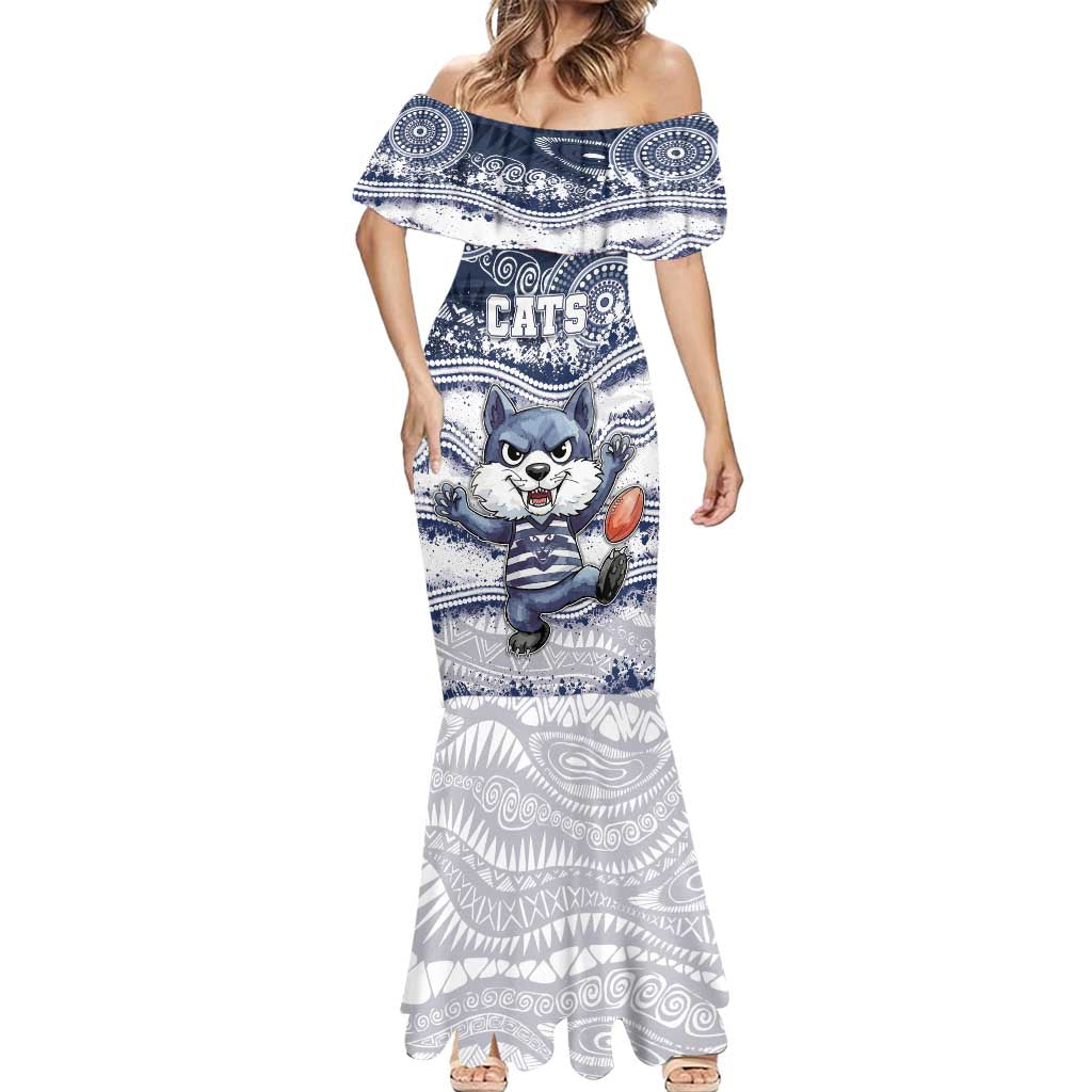 Custom Geelong Navy Mermaid Dress Playful Cat Kicking Ball