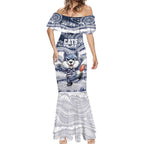 Custom Geelong Navy Mermaid Dress Playful Cat Kicking Ball