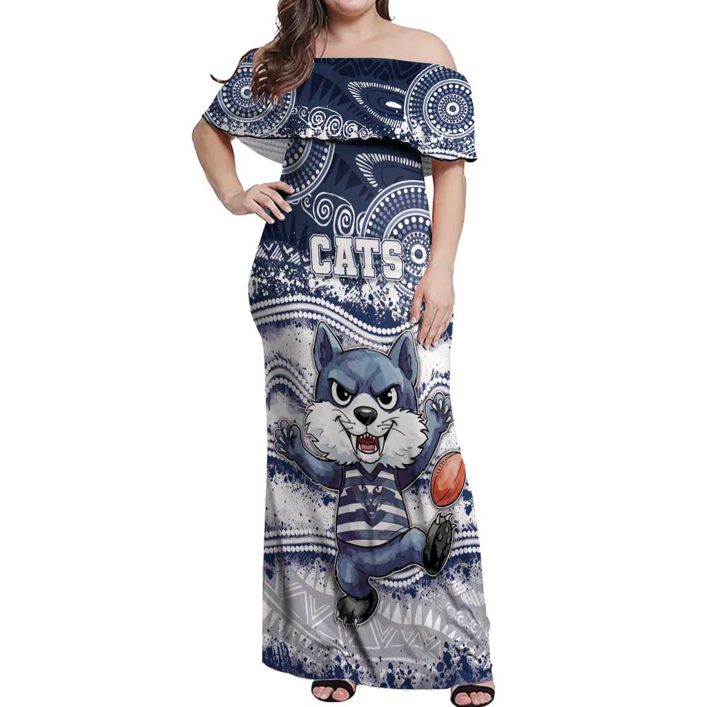 Custom Geelong Navy Off Shoulder Maxi Dress Playful Cat Kicking Ball