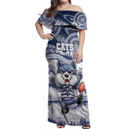 Custom Geelong Navy Off Shoulder Maxi Dress Playful Cat Kicking Ball