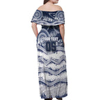 Custom Geelong Navy Off Shoulder Maxi Dress Playful Cat Kicking Ball
