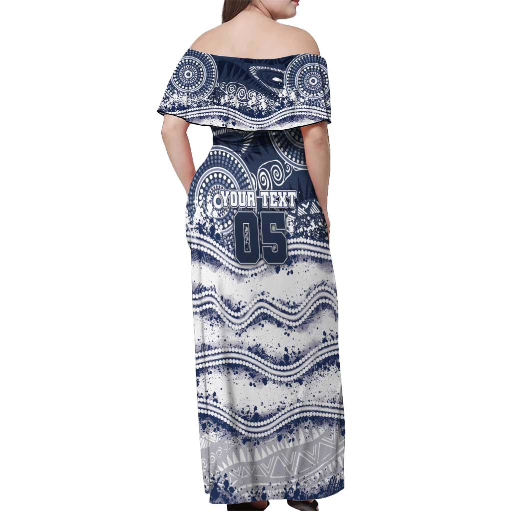 Custom Geelong Navy Off Shoulder Maxi Dress Playful Cat Kicking Ball