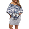 Custom Geelong Navy Off Shoulder Short Dress Playful Cat Kicking Ball