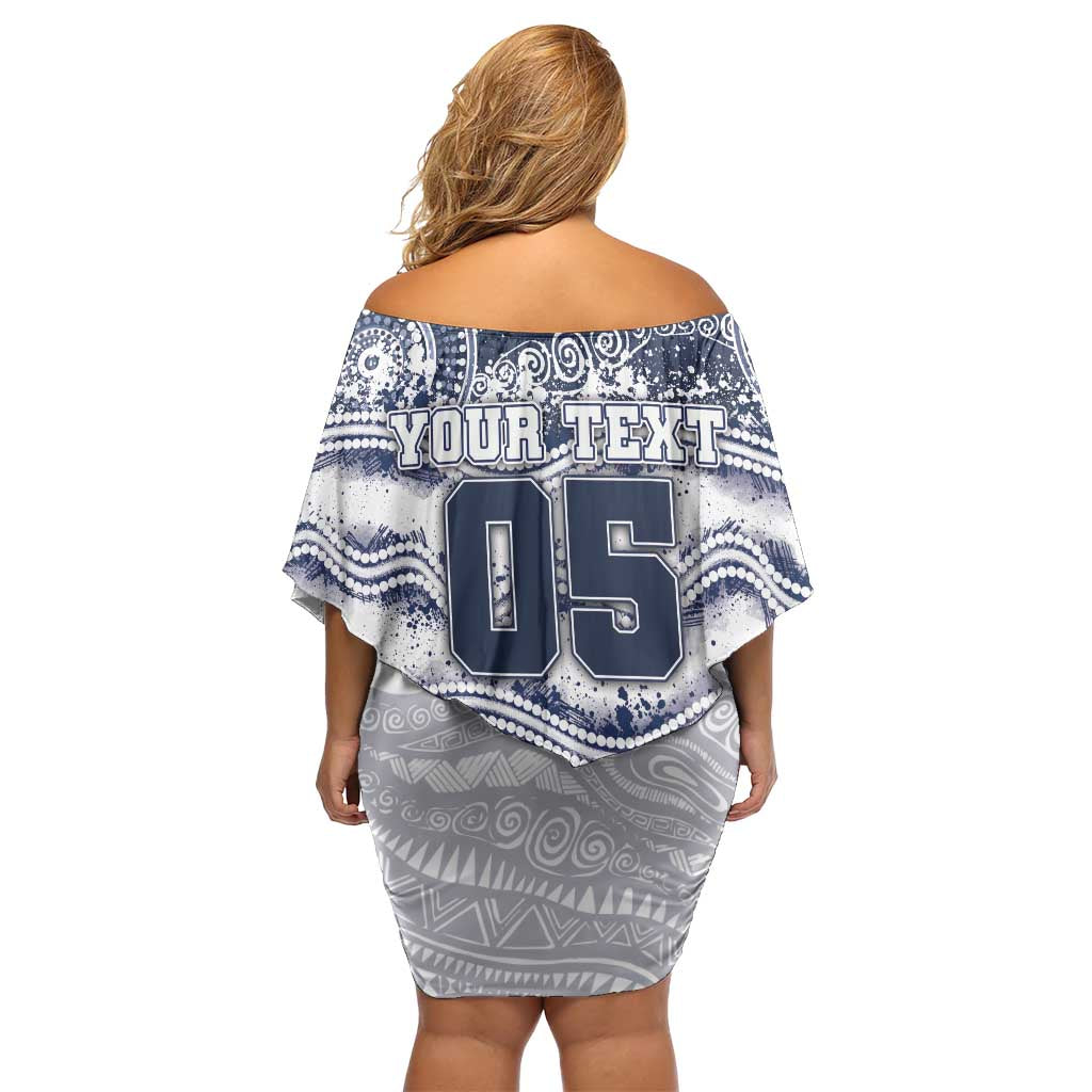 Custom Geelong Navy Off Shoulder Short Dress Playful Cat Kicking Ball