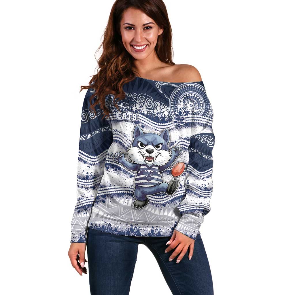 Custom Geelong Navy Off Shoulder Sweater Playful Cat Kicking Ball