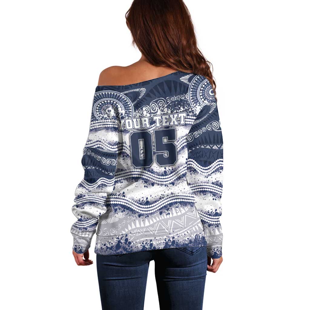 Custom Geelong Navy Off Shoulder Sweater Playful Cat Kicking Ball